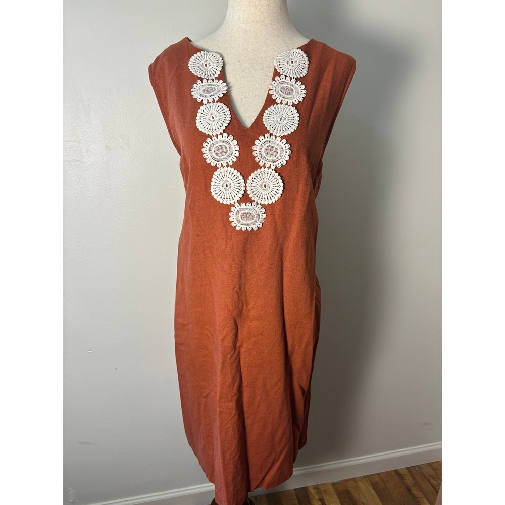 52seven Rust Linen Blend Dress XL Boho Crochet Neck Shift Summer Beachy Flowy